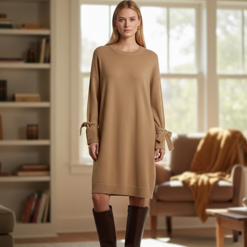 Madewell Merino Wool Tie-Cuff‎ Sweater Dress Camel Tan Quiet Luxury Cozy Small